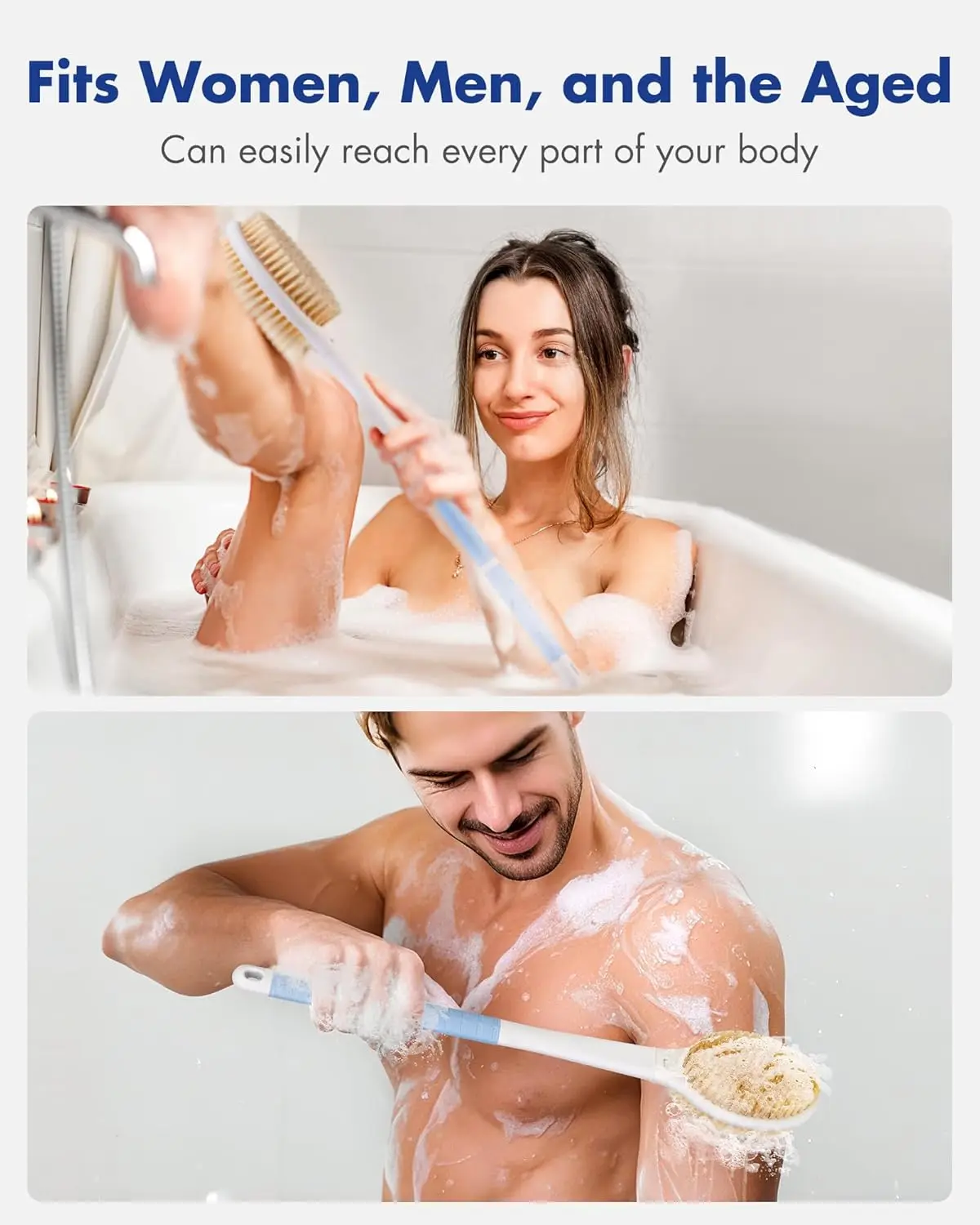 Enhanced Exfoliating Back Scrubber with Anti-Slip Long Handle and Dual Bristles