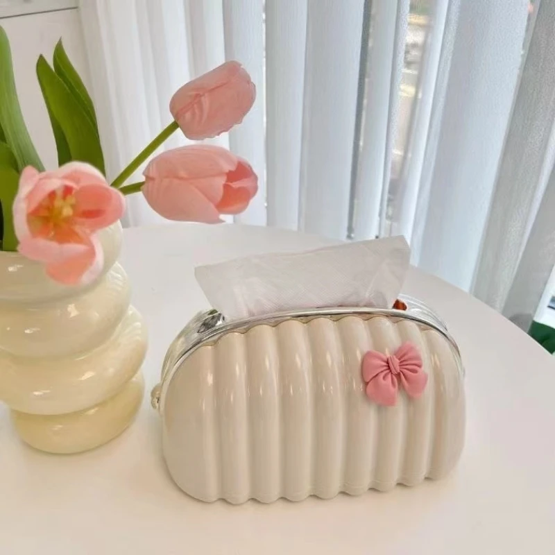 

Cream Style Shell Bag Tissue Box Desktop Creative High-Value Tissue Box Bow Decoration Tissue Box Living Room