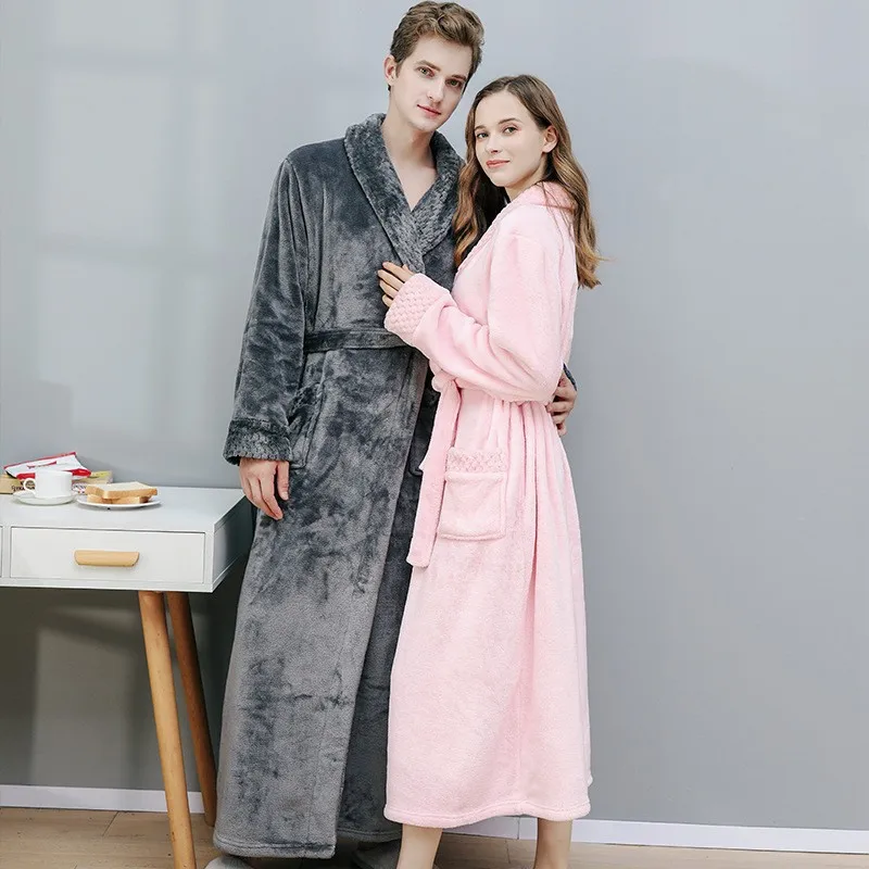

Loose Warm Coral Velvet Homewear Thickened Flannel Kimono Bathrobe Gown Couple Long Robe Winter Sleepwear Nightgown Nightwear