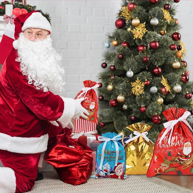 15/24pcs/set Random Color Christmas Drawstrings Gift Bags Cute Sweet Birthday Assorted Wrapping Bags Party Supplies Decoration