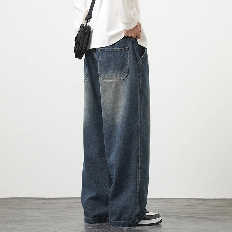 Plus Size M-8XL Men Baggy Jeans Elastic Waist Streetwear Y2K Trousers Straight Leisure Wide Denim Pants Denim Trousers