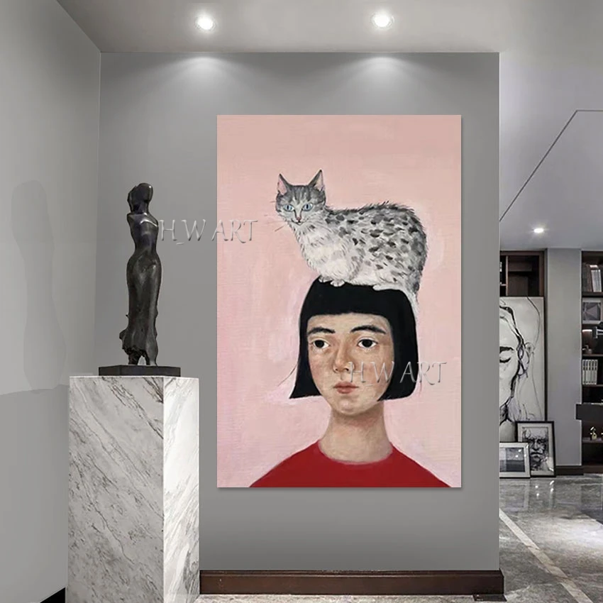 

Короткая картина маслом с изображением девушки с короткой шерстью, портретная картина, искусство на холсте без рамки, высокое качество, текстурированная кошка, Настенная подвеска