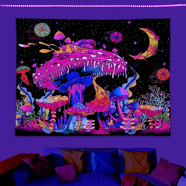 Tapisserie de champignons de couleur fluorescente, tapisserie de ciel nocturne mystérieuse, lumière noire ultraviolette, plante naturelle, forêt, lune, fleur, 1 pièce 6