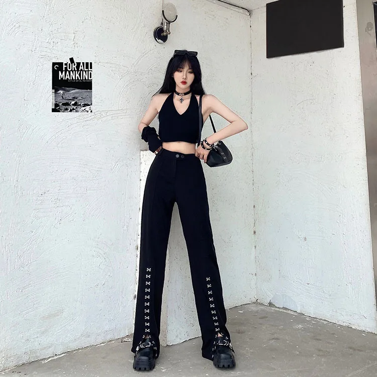 New Spring Autumn Women Harajuku Black Punk Metal Buckle Pants Streetwear High Waist Casual Loose Fashion Hot Girl Trouser white capri pants
