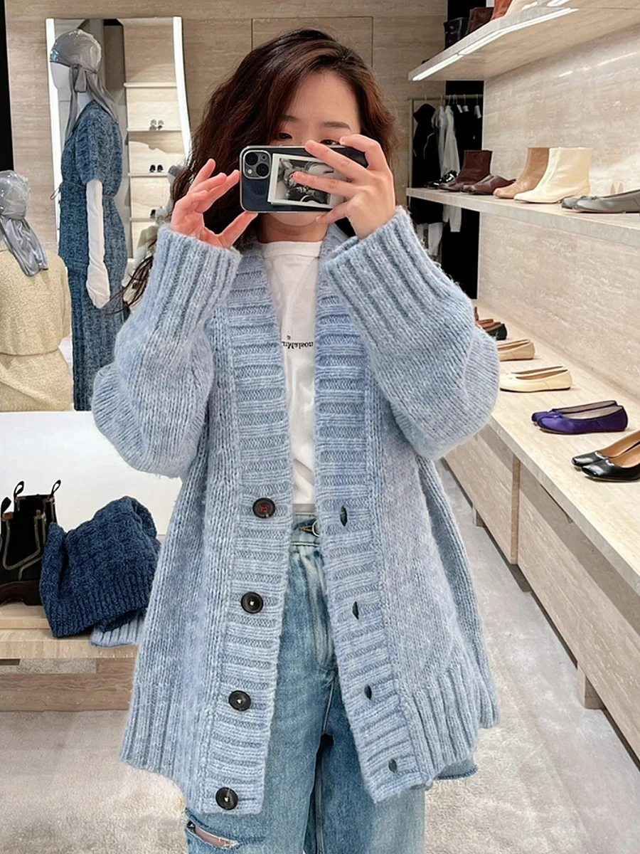 

Luxury Brand Women's Sweaters New Fashion Mohair V-neck Knit Cardigan Loose Slouchy Sweater Coat Autumn Winter Casual Cardigan