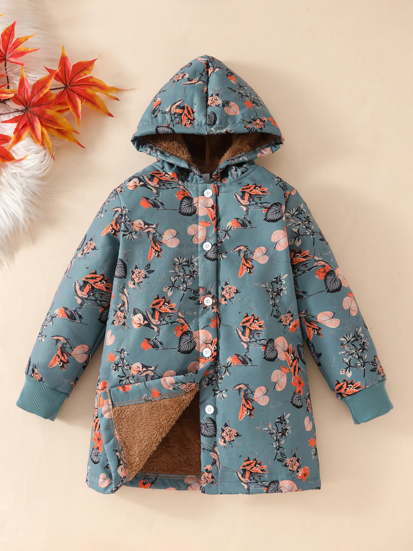 Girls Coat Winter Thickened Soft Cotton Outwear Plant Leaf Print Single-Breasted Hooded Casual girls coat children jackets