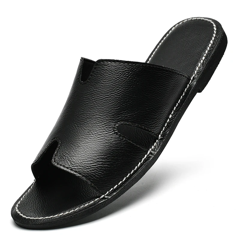

Men Genuine Leather Slippers Slides Summer Comfortable Casual Flat Shoes Retro Style Anti-Skid Wear Resistant Indoor Outdoor