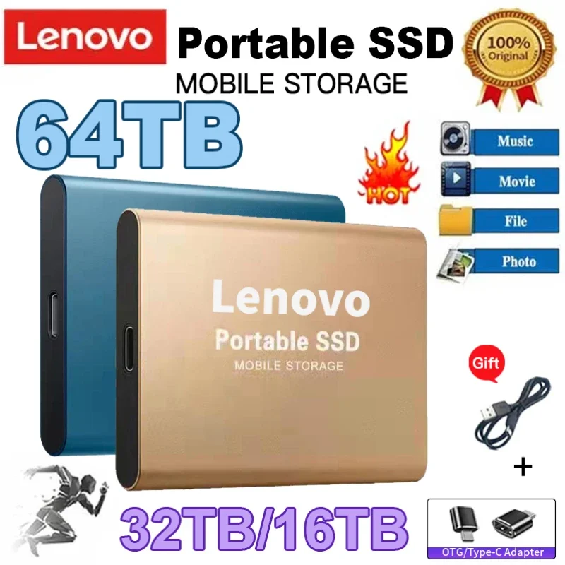 레노버 고속 모바일 솔리드 스테이트 드라이브, 외장 하드 드라이브, 노트북용 C타입 USB 3.1 인터페이스, 8TB 휴대용 SSD, 16TB, 500GB