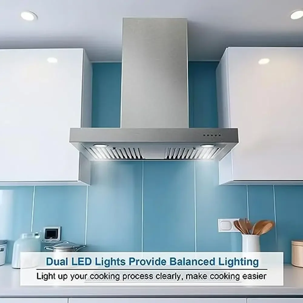 30 Inch T-Shape Vent Hood 900CFM Stainless Steel Grease Baffle Filter Quiet Operation Wall Mount Range Hood Easy Clean Kitchen
