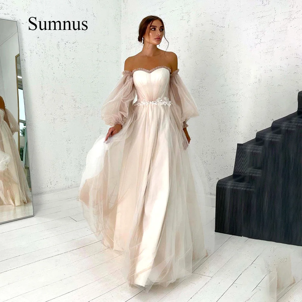 

Brown Tulle Sweetheart Wedding Dresses Detachable Puff Sleeve Appliques A Line Bridal Gown Lace Up Princess Wedding Dress 2024