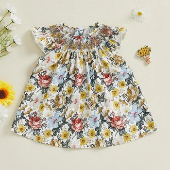 Toddler Girls Summer Dress Casual Floral Print Smocked Fly Sleeves A-Line Dress for Beach Party Cute Clothes