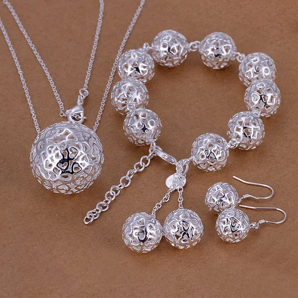 wedding Women jewelry exquisite hollow ball pendant necklace bracelets Earrings set fashion silver color jewelry Set 925 sterling silver jewelry red zircon white cz jewelry sets wedding decorations for women earrings pendant necklace ring