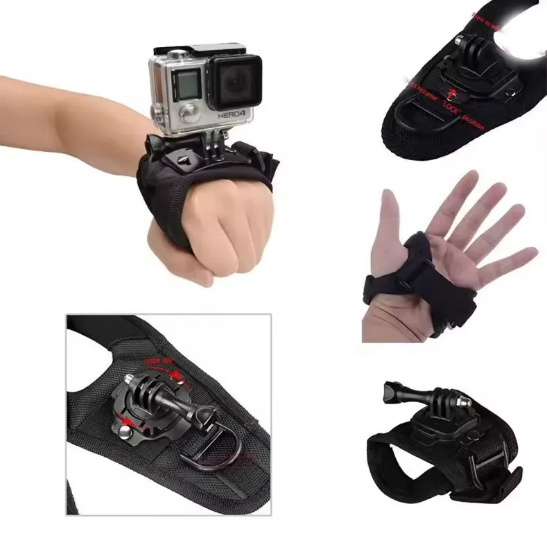 Support poignet rotatif 360° pour caméra d'action, installé sur une main en pleine action sportive