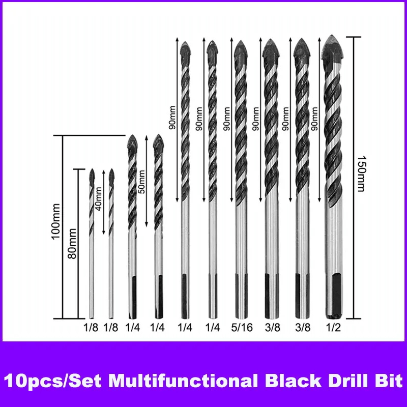 

10pcs/Set Multifunctional Black Drill Bit Ceramic Wall Marble Glass Tile Hole Opener Electric Hand Drill Alloy Drill Bit Set