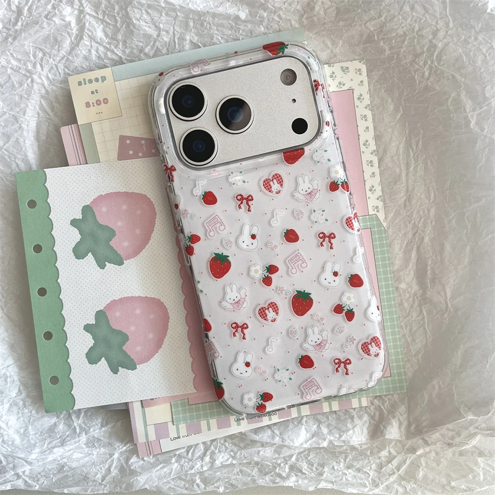 Cute Strawberry Rabbit Phone Case For iPhone 17 14 15 Pro 16 Pro Max Cover with Polka Dots Cartoon Shockproof Fundas with Hinge 3