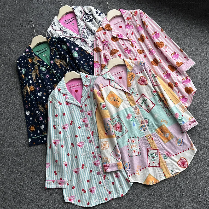 752528-034f6a.jpg Cartoon Women's 100% Cotton Long Sleeve Nightdress Four Seasons Cardigan Home Night Wear Dress Long Sleeve Skirts Sleepwear - Image 1