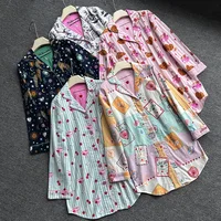 Cartoon Women's 100% Cotton Long Sleeve Nightdress Four Seasons Cardigan Home Night Wear Dress Long Sleeve Skirts Sleepwear