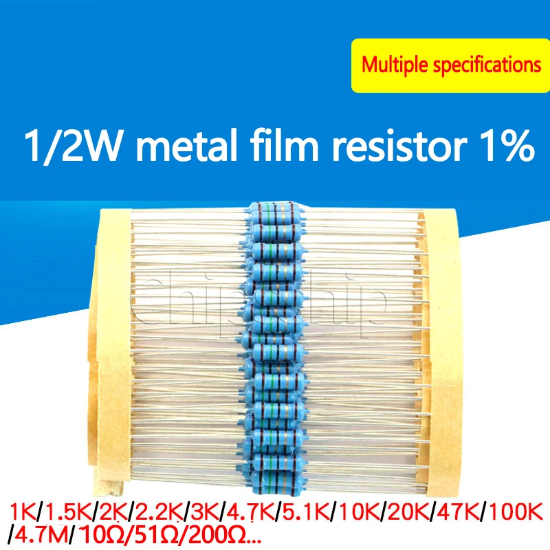 Metal Film Resistor 1/2W Component 1% Color Ring 2k 1K 4.7K 10K 100K 100Ohm 120Ohm 1M 1460pcs of 73 resistances 20pcs of each 1 4w metal film resistor packs 5 colour ring inline resistor component