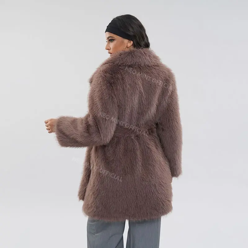 Luxury Brand Belted Long Fluffy Faux Fur Coat Women Winter Thicken Warm Lapel Fox Fur Collar Furry Jacket Overcoat