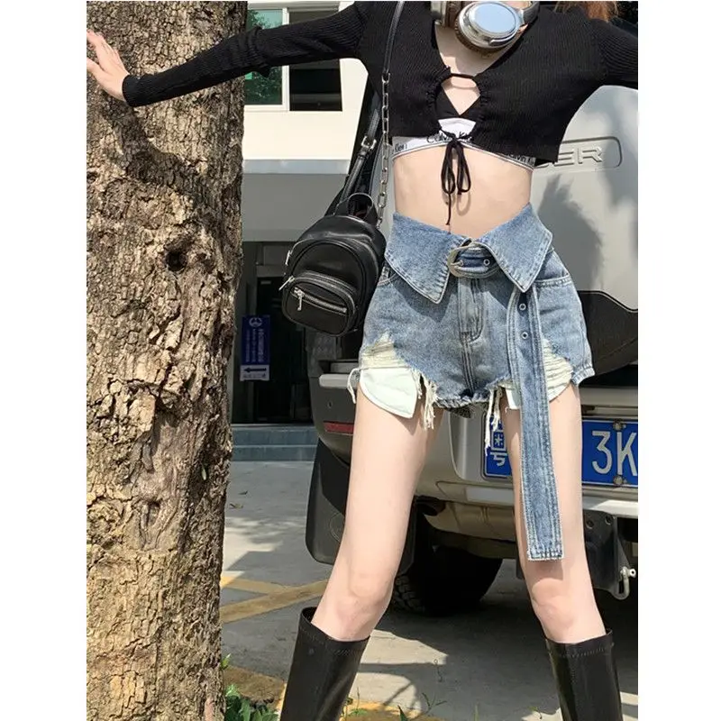 Large Size Hot Girl Vintage Ripped Jeans Women's Summer Ins Trendy Shorts High Waist Slimming Design Sense Wide Leg Pants