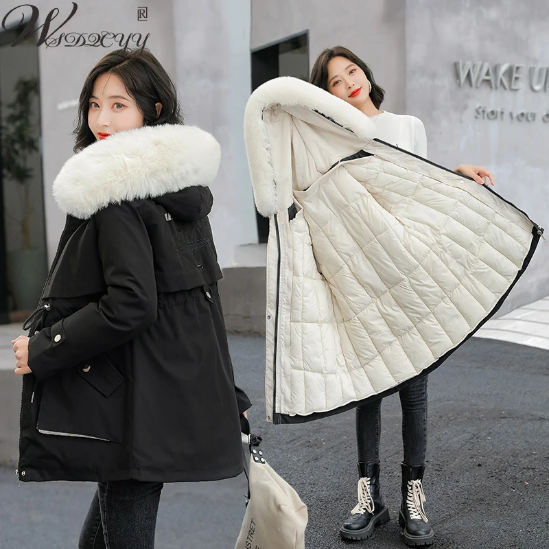 Oversized Fake Fur Hooded Parkas Women Korean Fashion Letter Print Down Cotton Padded Coat Snow Wear Thick Puffer Winter Jacket