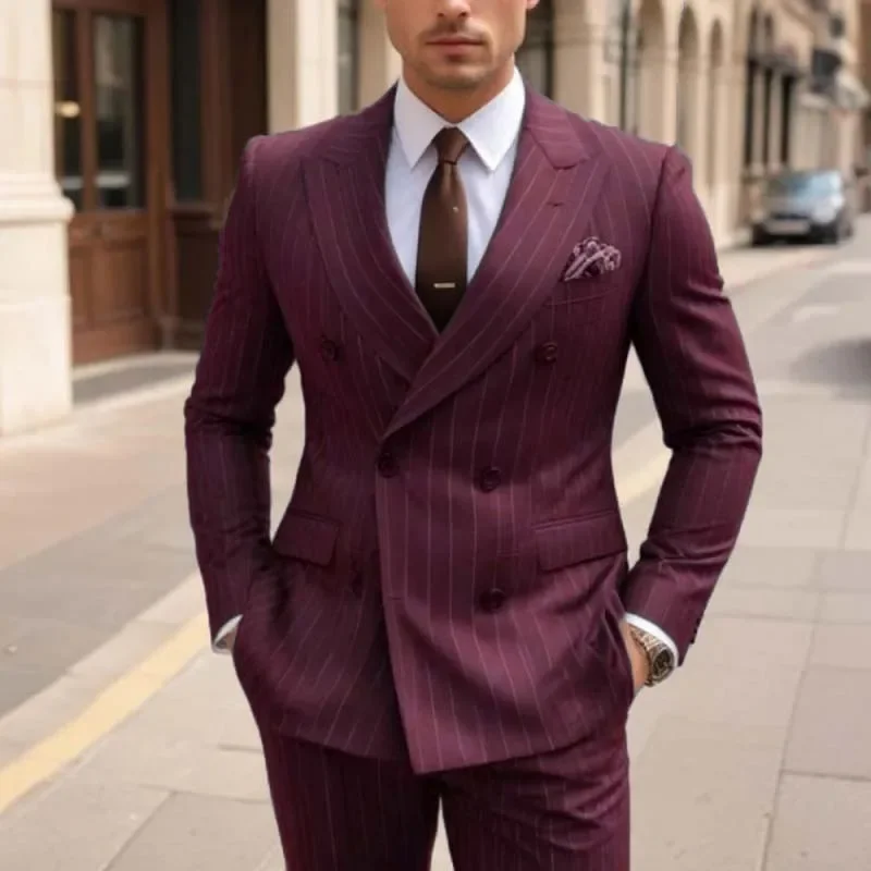 Fashion Double Breasted Peak Lapel Blazer Brown Stripe Regular Length Men's Suits Custom Wedding 2 Piece Jacket Pants Outfits 3