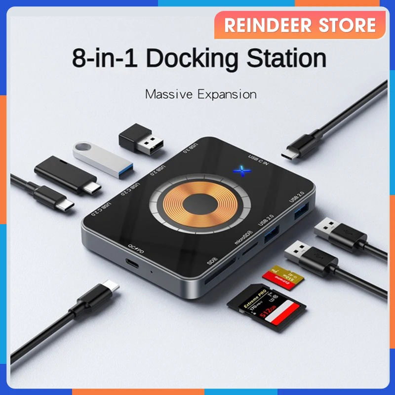 

8-in-1 USB C Hub 5Gbps Type C Docking Station 15W Wireless Fast Charging TF/SD Card Reader QC/PD Power Inlet for Phone Computer