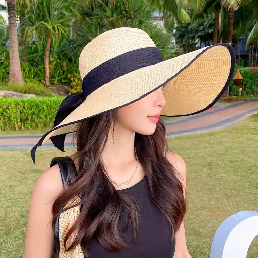 outdoor Seaside Woman Fashion Big Bow Large Brimmed Foldable Straw Sun Protection Cap