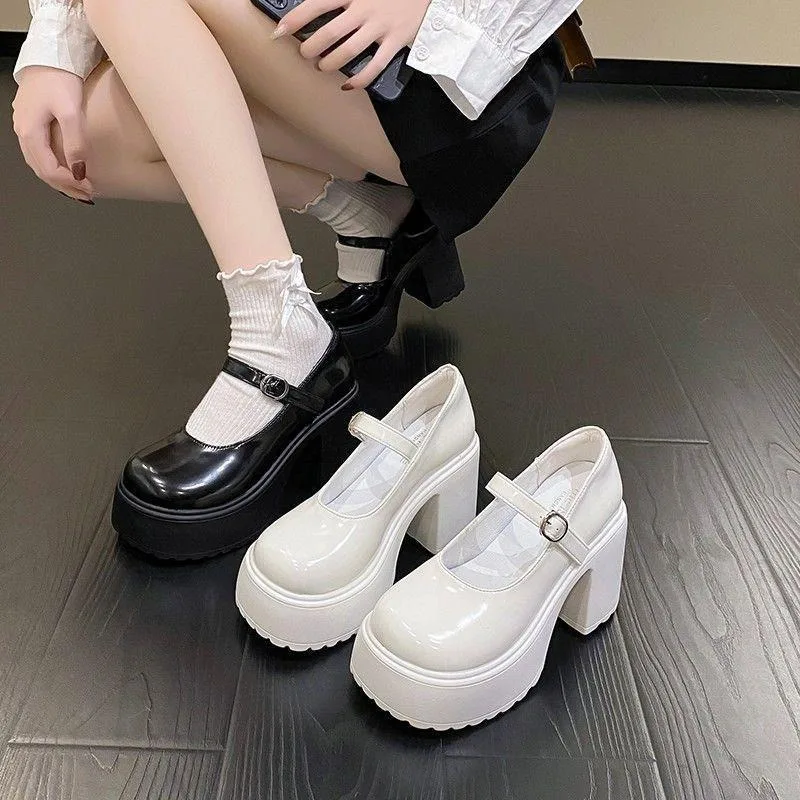 

White Super High Heels Mary Jane Shoes for Women Patent Leather Chunky Platform Pumps Woman Gothic Buckle Strap Lolita Shoes