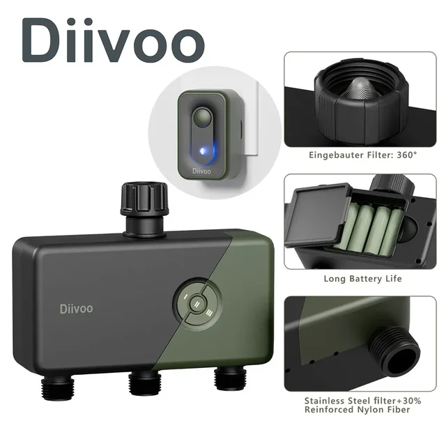 Diivoo WiFi Sprinkler Timer 2/3 Zone with Rain Delay, Remote Control Garden Irrigation Timer Compatible with Alexa and Google 1