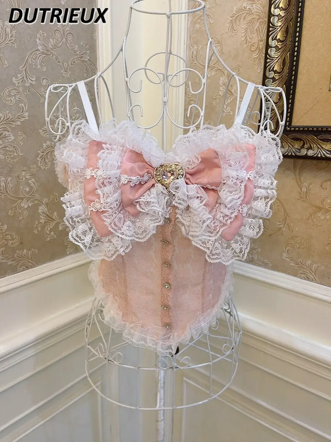 

Lolita Princess Bow Love Rhinestone Hollow Lace Vest Female Camisole Sweet Pink Elegant Wooden Ear Slimming Short Crop Tops
