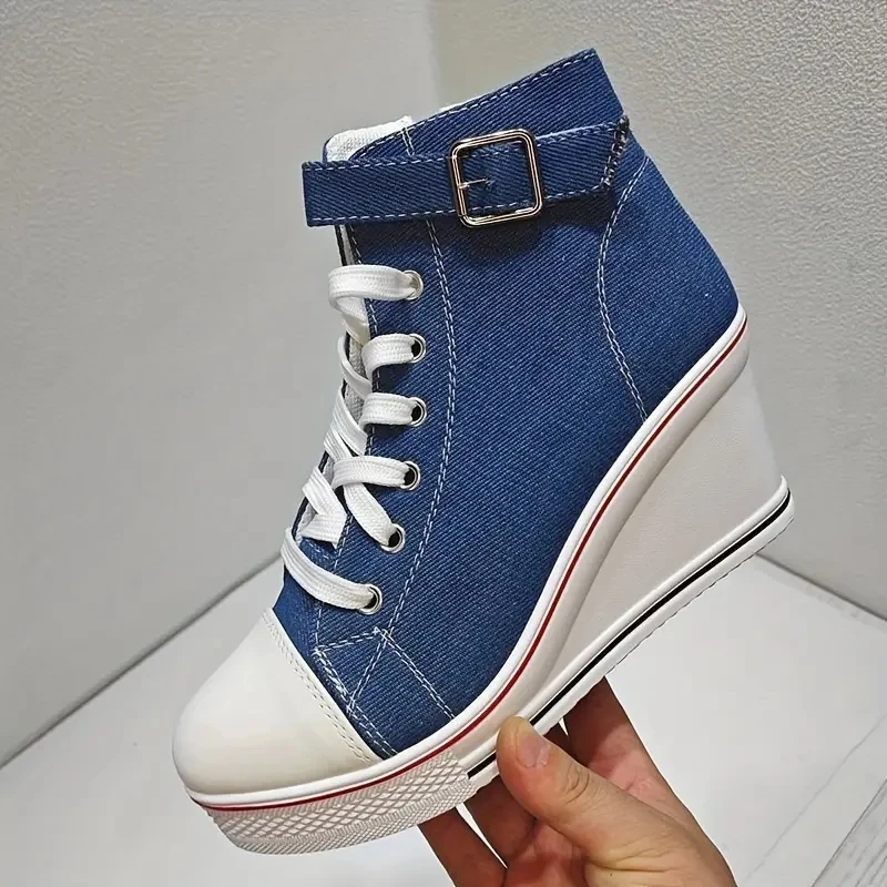 High Top Canvas Women Wedge Shoes Women's Denim Ankle Lace Up Ladies Ankle Canvas Shoes Woman 8cm Heels Sneakers