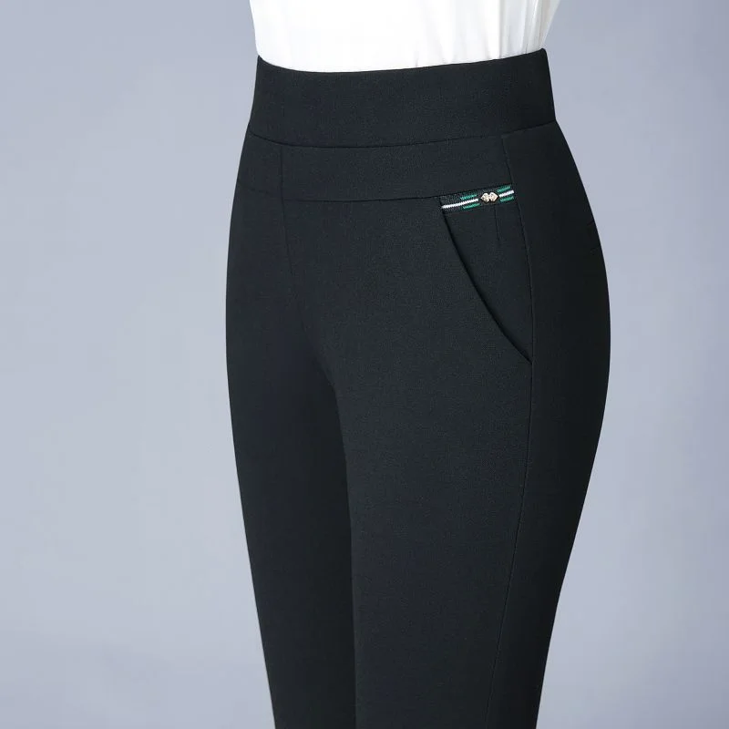 Casual Simple Temperament Middle Age Women's Elastic Waist Pants Summer Solid Pockets Elastic Loose Straight Small Feet Trousers