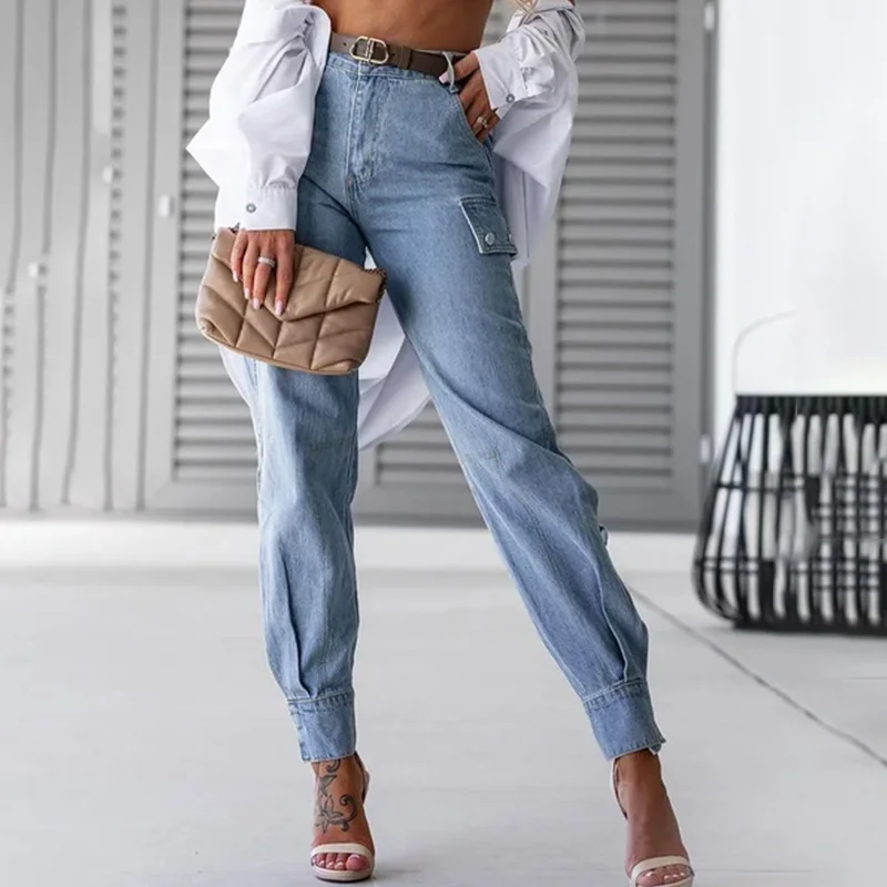 

New Women's Clothing For Spring/Summer 2023 Casual Bleached Washed High Waist Denim Pencil Pants Loose Streewear Y2K Blue Jeans