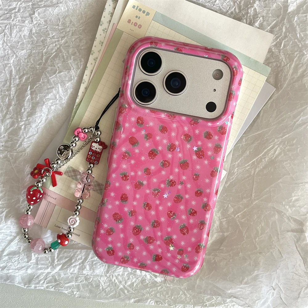 Adorable Strawberry & Star Shockproof Phone Case - Kawaii Design with Hinge Protection