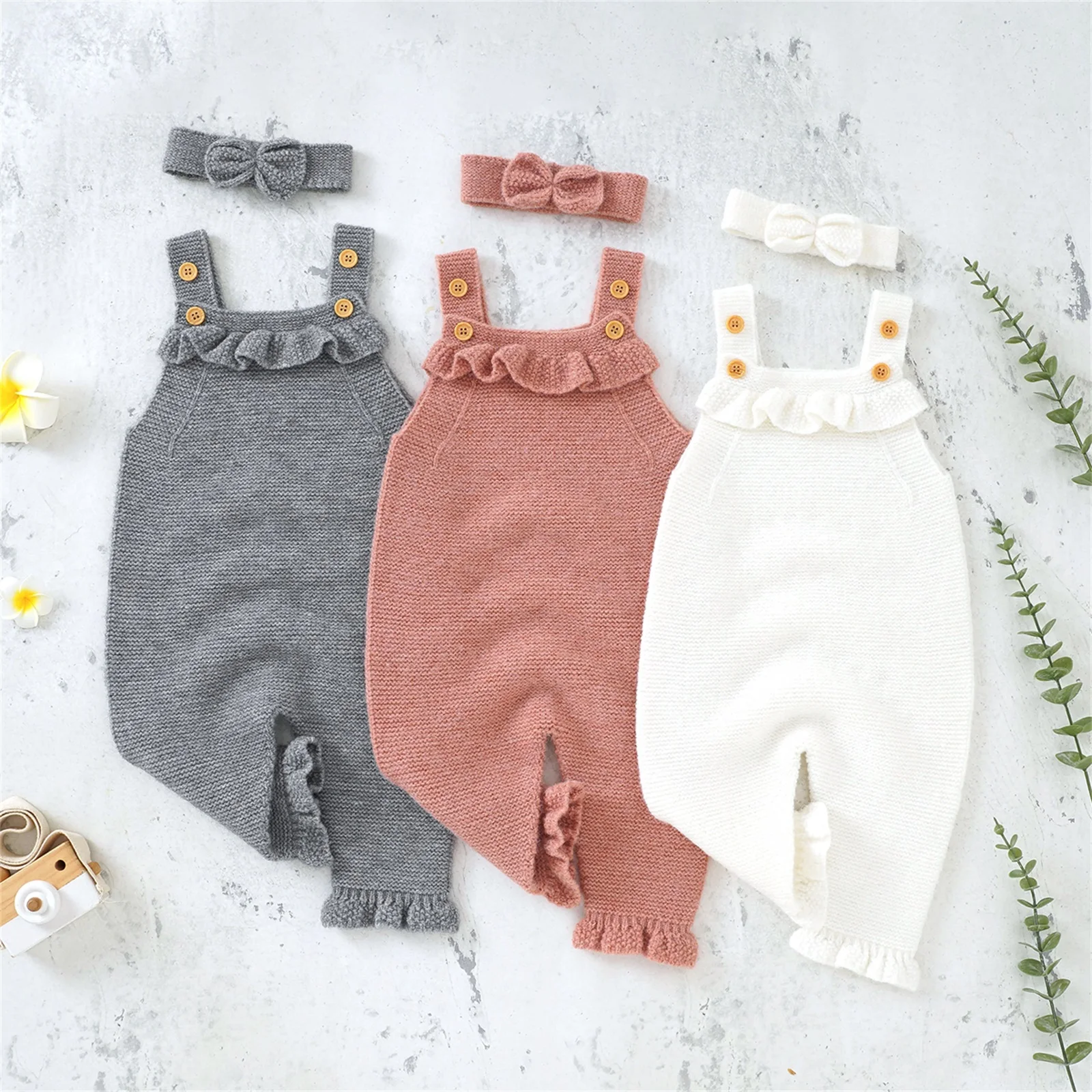 Fall Winter Warm Newborn Baby Girls Sweater Rompers Outfit Solid Color