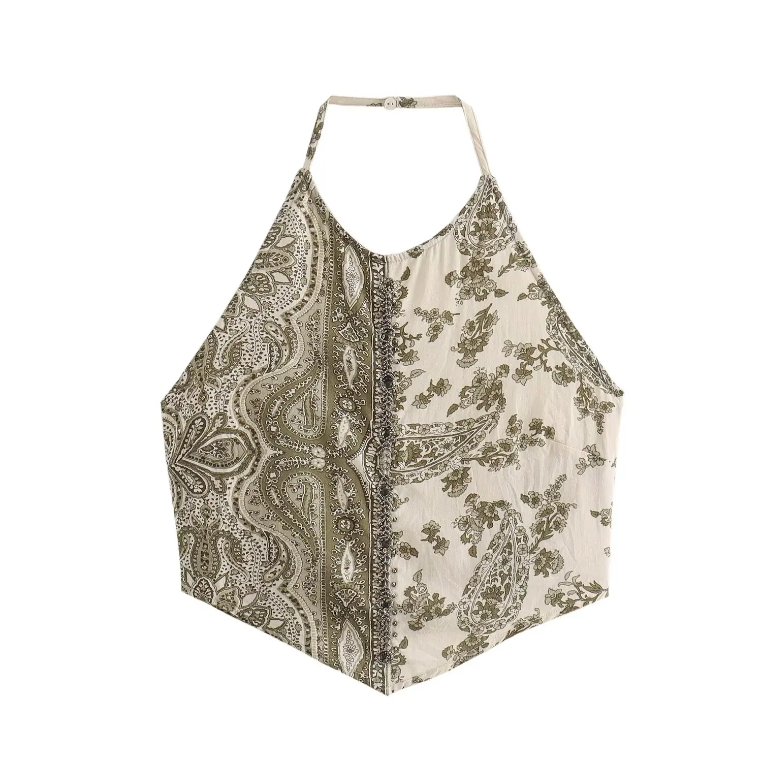 thumbnail image 1 of HH TRAF Top corto con cuello halter, sin mangas y estampado bohemio sexy para mujer, con estampado bohemio y pantalón de pierna ancha de cintura media elegante e informal a la moda, 1 of 5