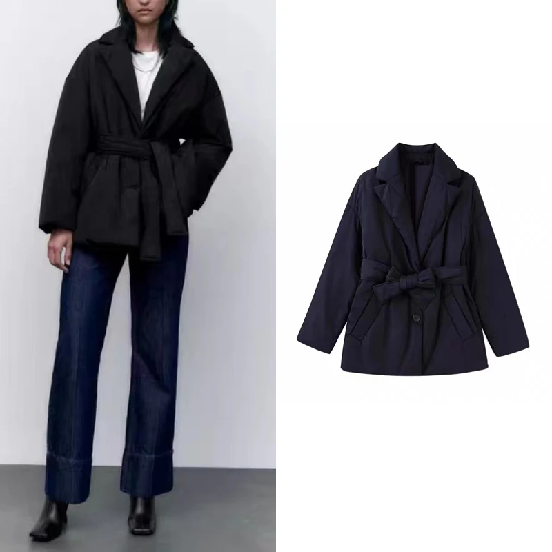 

New Women Belt Decorated Cotton Jacket Fashion Suit Collar Long Sleeve Single Breasted Medium Length Casual Loose Warm Coat