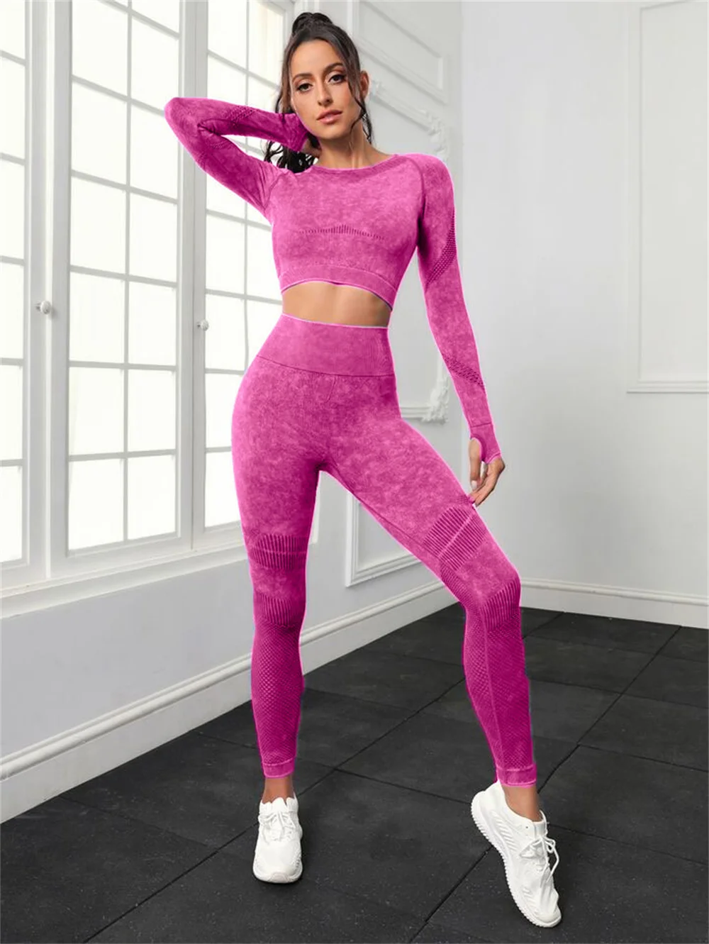 Seamless Washed Yoga Sets Sports Fitness Peach Hip-lifting High Waist Pants Long-sleeved Suit Workout Gym Leggings Set for Women