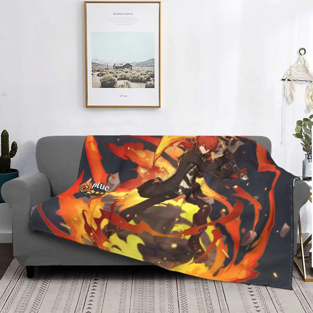 

3D Printed Genshin Impact Patterned Blanket Flannel Fall Winter Diluc Ragnvindr Multifunctional Warm Blanket for Sofa Travel