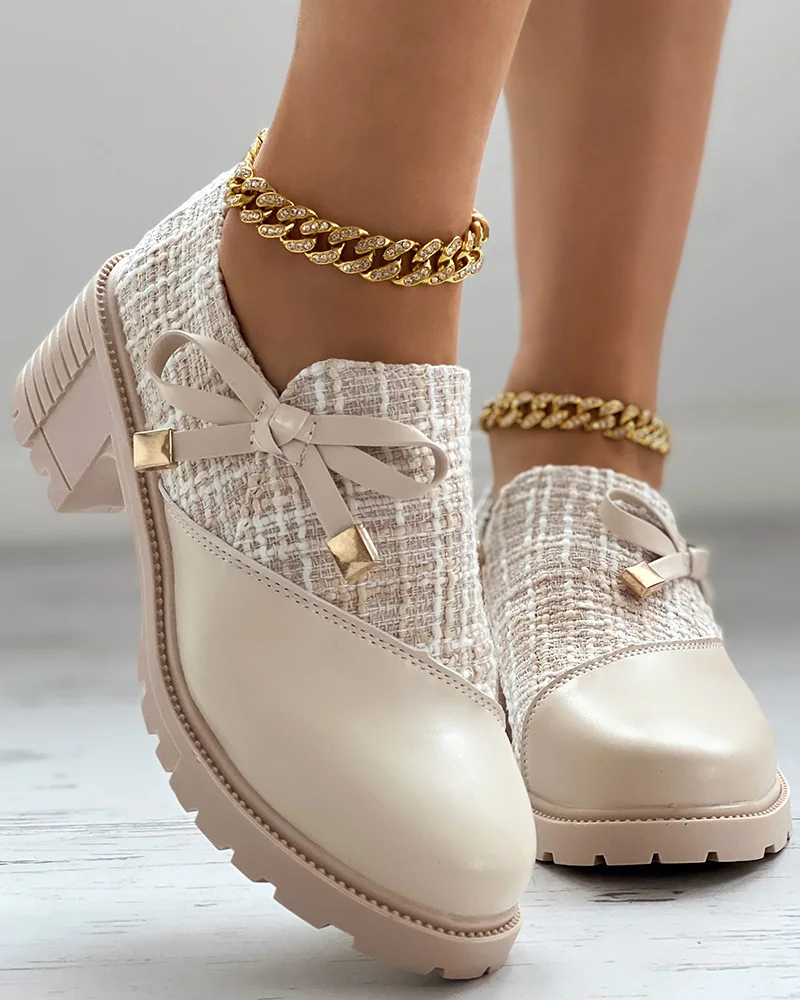 

Women Fashion Low Heel Round Toe Solid Color Shoes Tweed Patch Bowknot Decor Chunky Heel Loafers