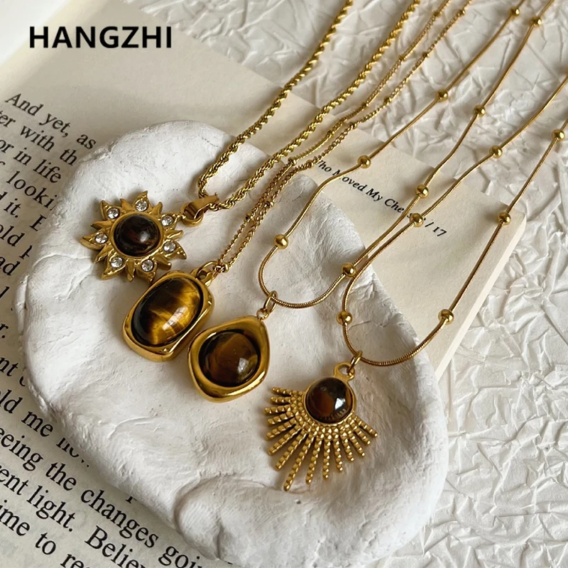 Подвеска HangZhi из натурального камня из титановой стали, ожерелье с подвеской в виде цветка овальной формы золотого цвета, Очаровательная цепочка на свитер, ювелирные изделия для женщин