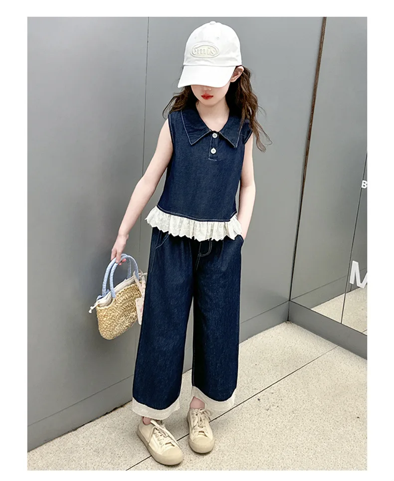 Summer Girls Clothing Suit Children Lace Stitching Thin Denim
