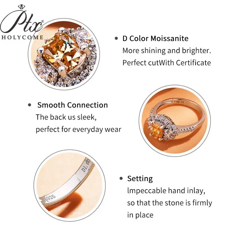 PTX Kissenschliff Champagner Farbe Moissanit Lose Edelsteine Lieferant Pass Moissanit Diamant Tester für Frauen Paar Ringe – Detail 4