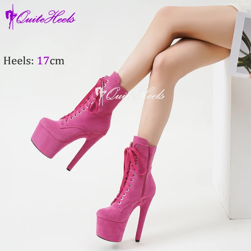 Faux Suede 17cm Pole Dance Shoes Stripper Heels Platform Women Ankle Booties Models Catwalk Lady Knight Boots Lace-up Zip