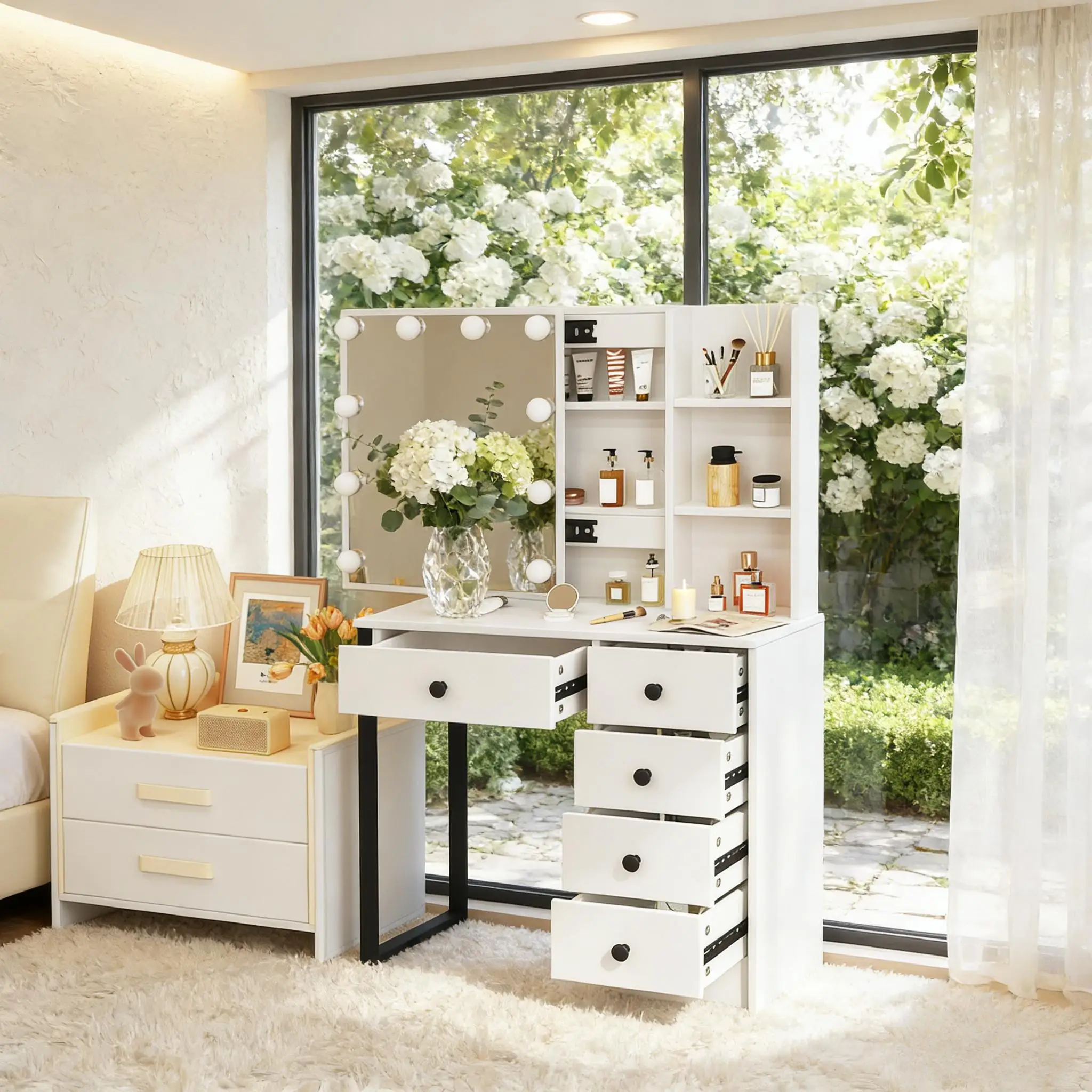White Hollywood Vanity Set with 3 Color Dimmable Led Bulbs Mirror, 5 Storage Drawers Bedroom Dressing Table Furniture