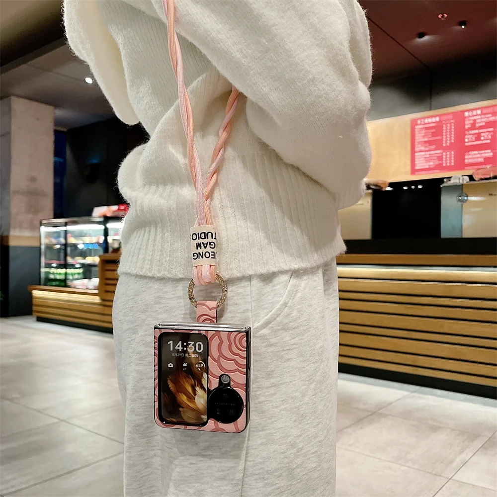 Camellia Diy Phone Case For OPPO Find N2 N3 Flip Long Lanyard Protective Shell Cover