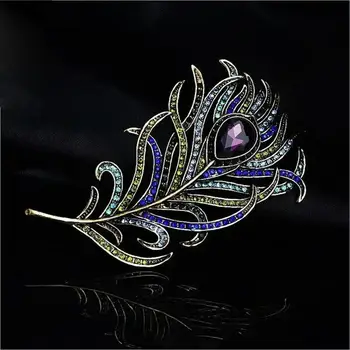 Vintage Peacock Feather Brooch Pin Women Birthday Gift Elegant Lapel Scarf Coat Rhinestone Dress Decor Jewelry Accessories