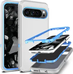 Premium Military Grade 3 - in - 1 Layered Hard Phone Cover - Shockproof Heavy Duty Rubber Protective Case - Google Pixel 8 (Grey and dark blue)