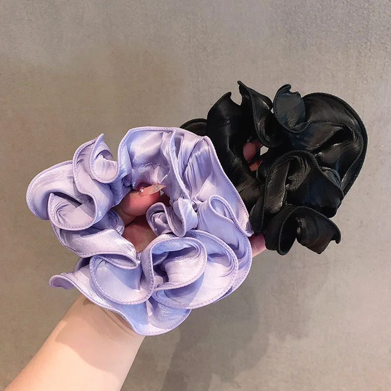 

New Women Wavy Flower Hair Scrunchies Shiny Silky Satin Hair Rope Solid Elastic Head Band Elegant Hair Tie Retro Ponytail Holder